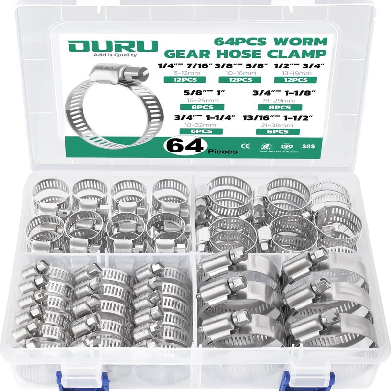 ORU 64PCS Hose Clamps Stainless Steel Assortment Adjustable 1/4"-1-1/2"(6-38mm) Worm Gear Hose Clamp, Heavy Duty Metal Small Hose Clamps for Automotive, Pipe, Radiator Plumbing, Fuel Line - Image 1